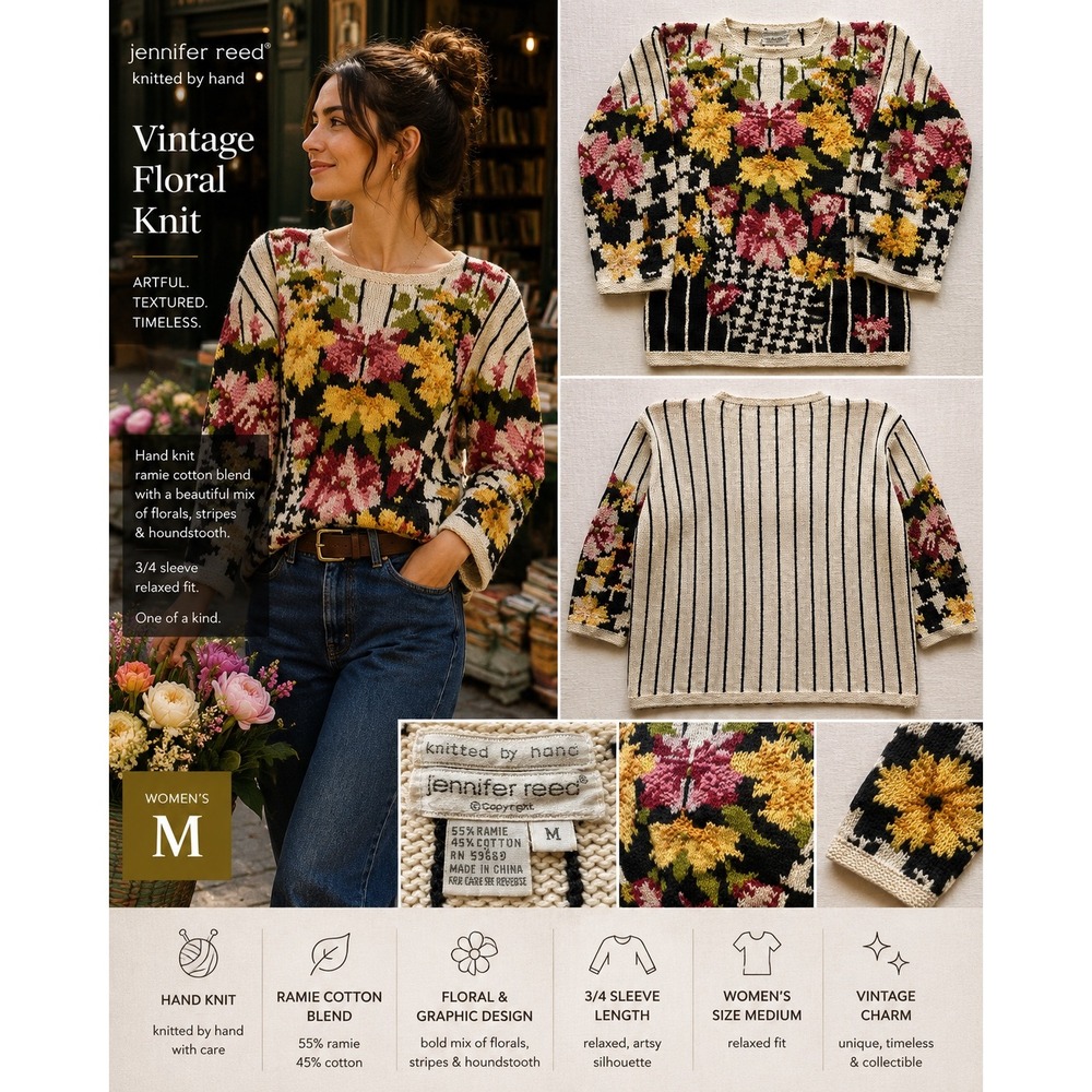 Jennifer Reed Womens M Vintage Floral 3/4 Sleeve Ramie Cotton Sweater Hand Knit